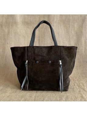 ALL SAINTS Dark Brown Fleur De Lis East West Tote Bag Suede Leather